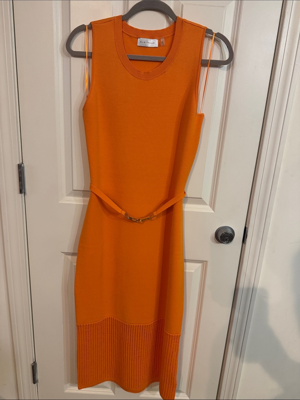 Elie Tahari Vibrant Orange Sleeveless Knit Midi Dress with Belt